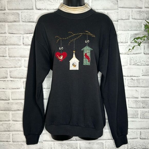 Vintage 90’s Valerie Folk Art Appliqué Winter Birds Sweatshirt Size Medium - Picture 1 of 5